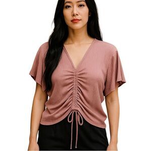 Say Anything Pink Ribbed Top Cropped Style Gathered Front Womens Size Medium